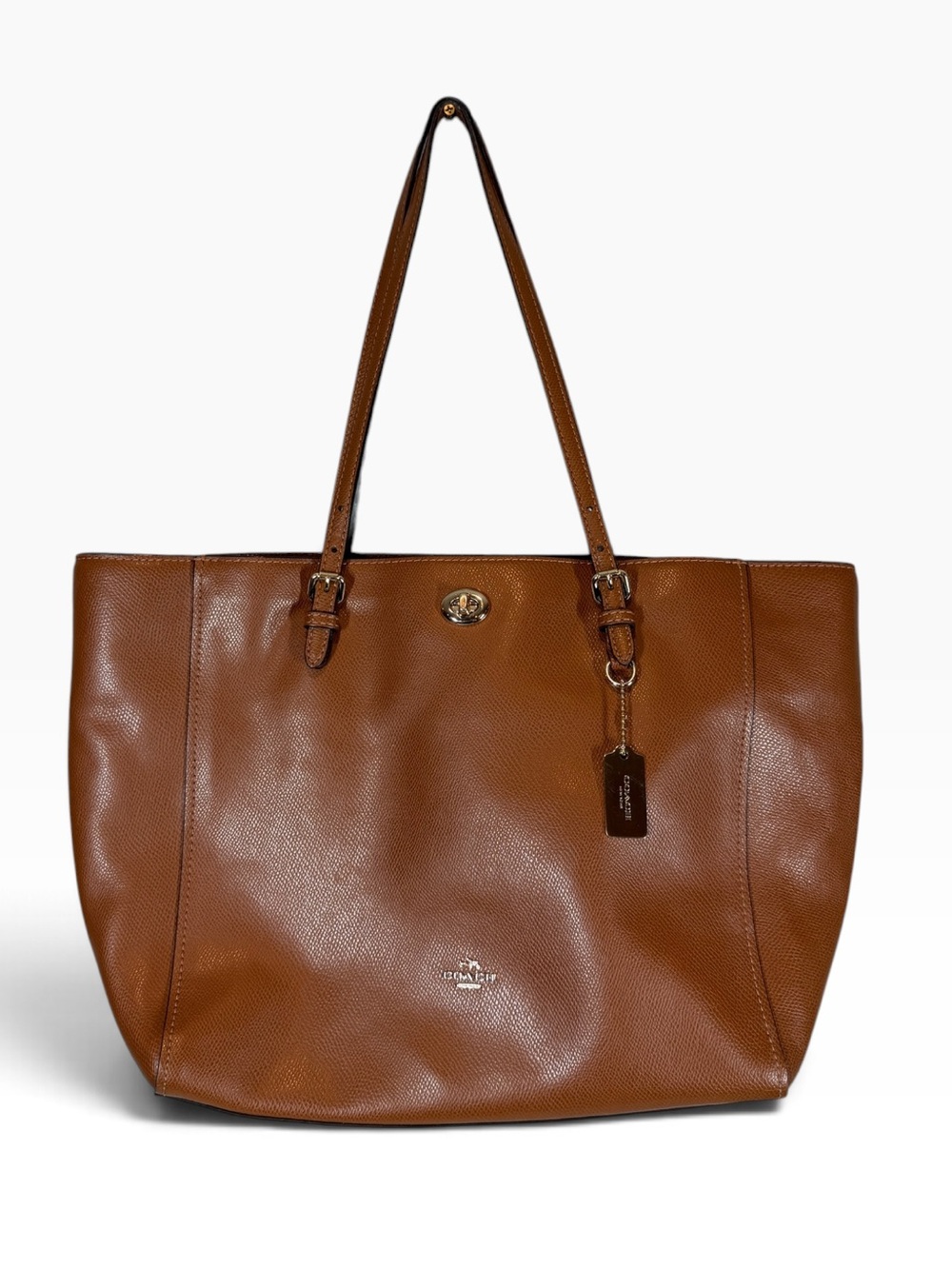 COACH Hadley Turnlock Brown Pebbled Leather Tote Bag with Gold tone Hardware